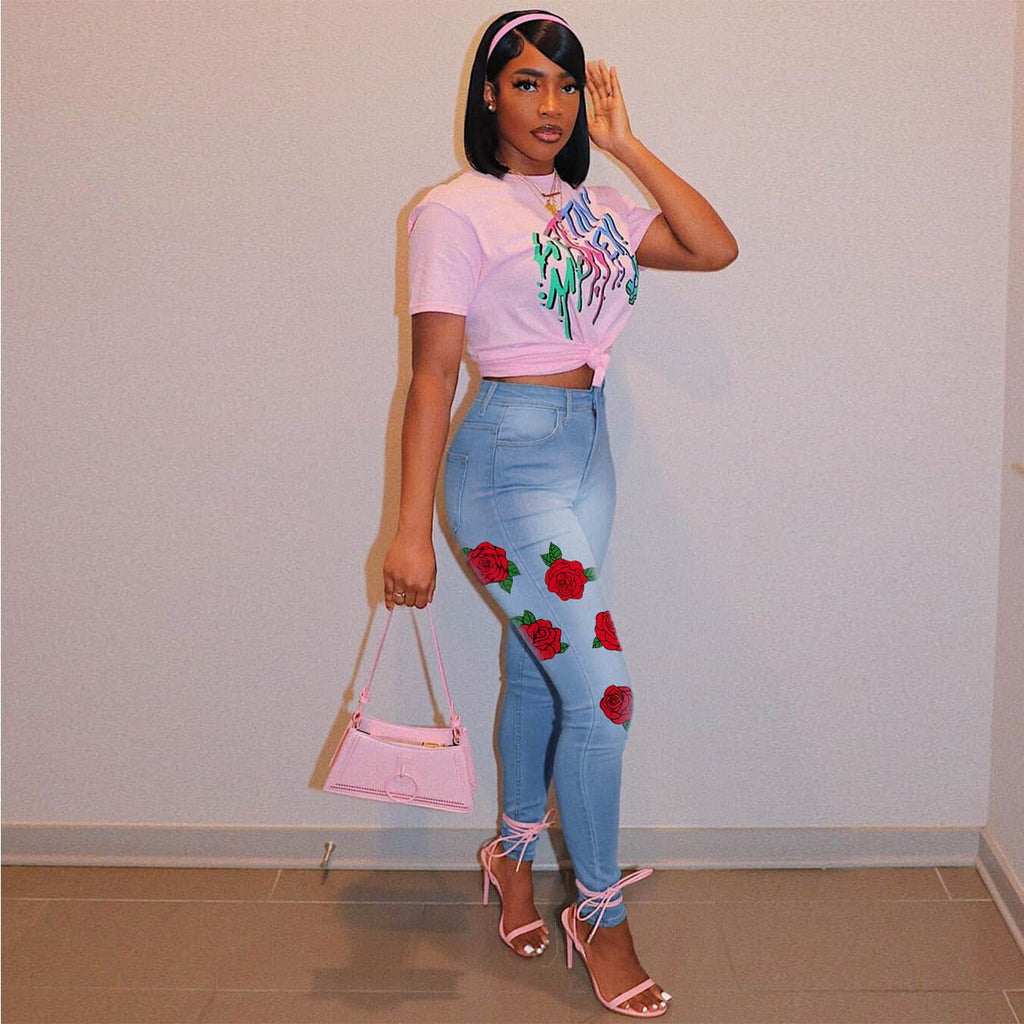 Jeans Taille Haute Imprimé Rose - Chic&Shines