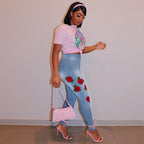 High-Waisted Pink Printed Jeans