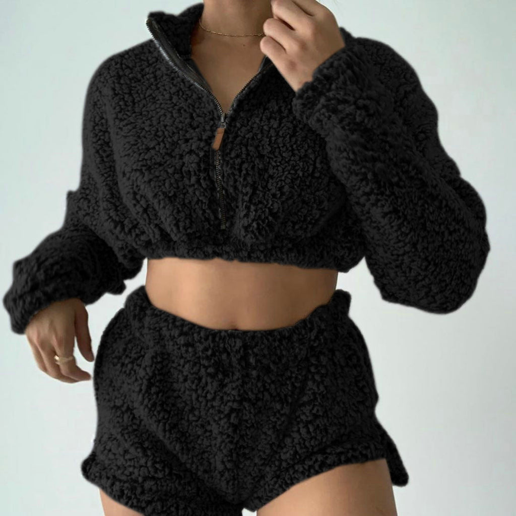 Ensemble short et haut en peluche de couleur unie - Chic&Shines