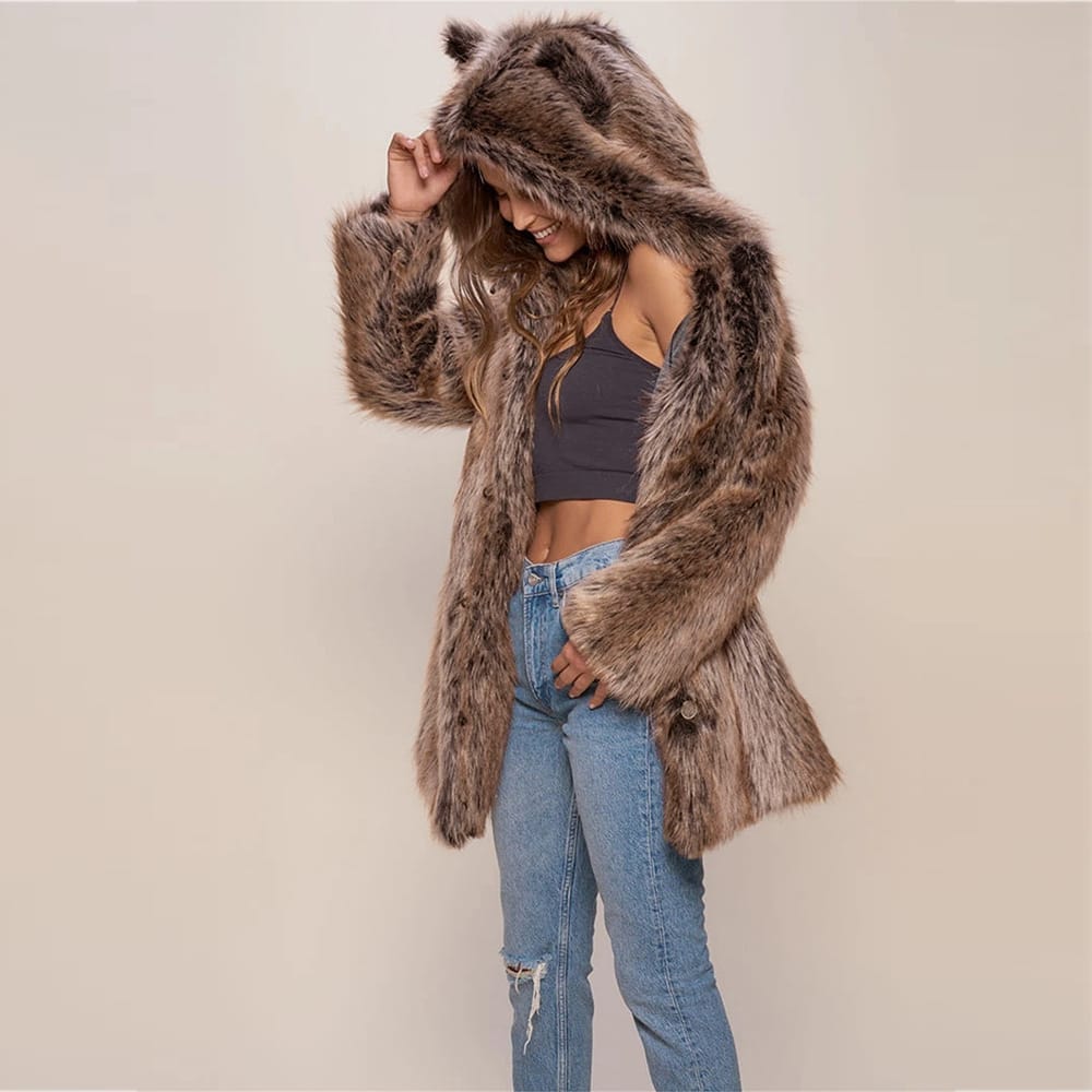 Faux fur hooded plush coat