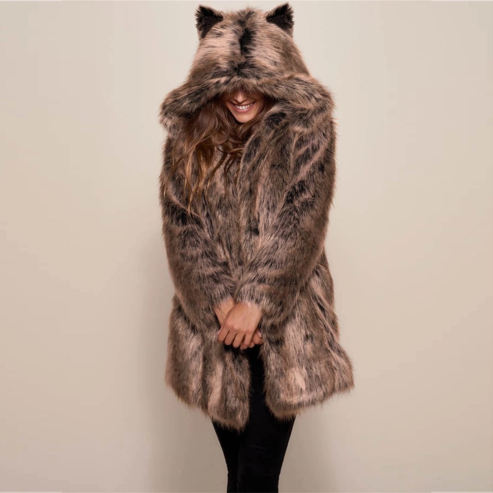 Faux fur hooded plush coat