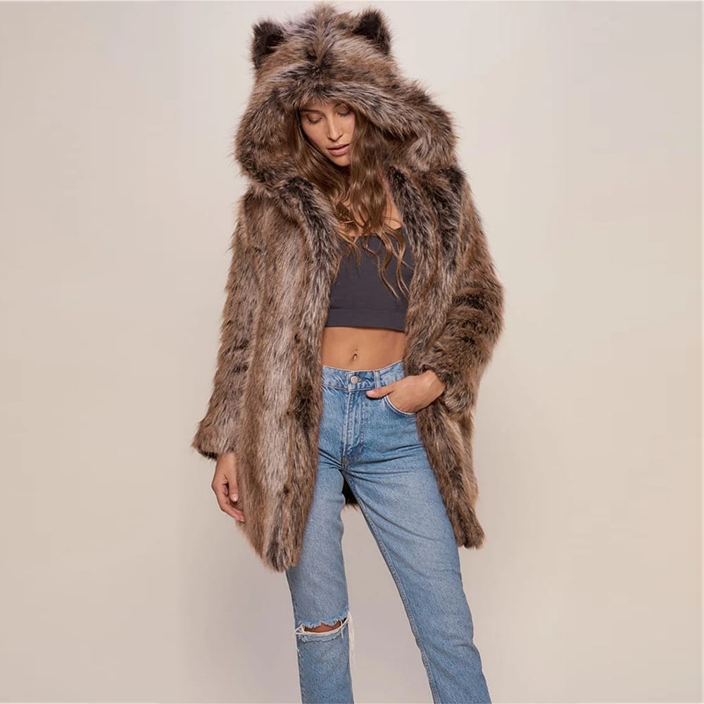 Manteau peluche à capuche imitation fourrure - Chic&Shines