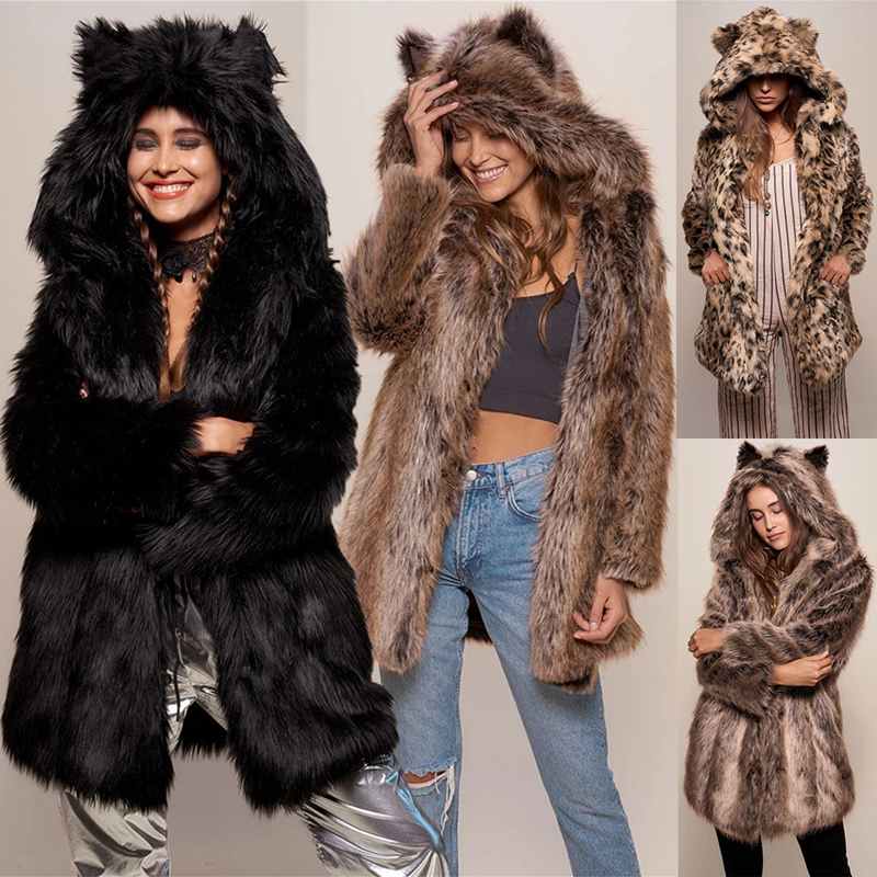 Faux fur hooded plush coat