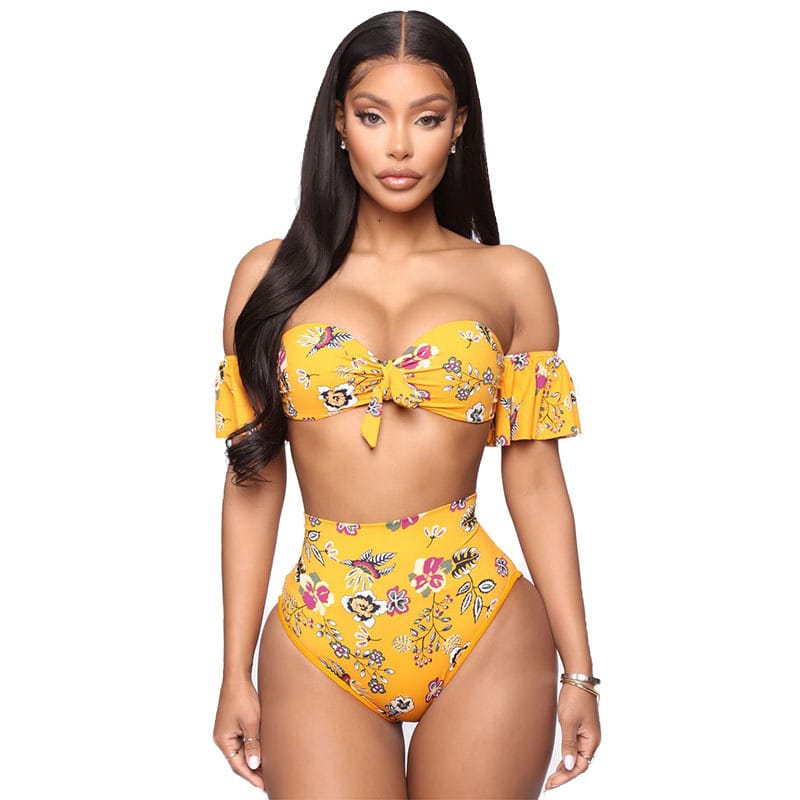 Bikini taille haute à épaules dénudées motif fleur