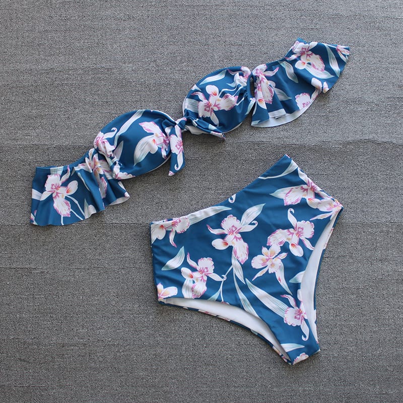 Bikini taille haute à épaules dénudées motif fleur