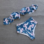 Bikini taille haute à épaules dénudées motif fleur