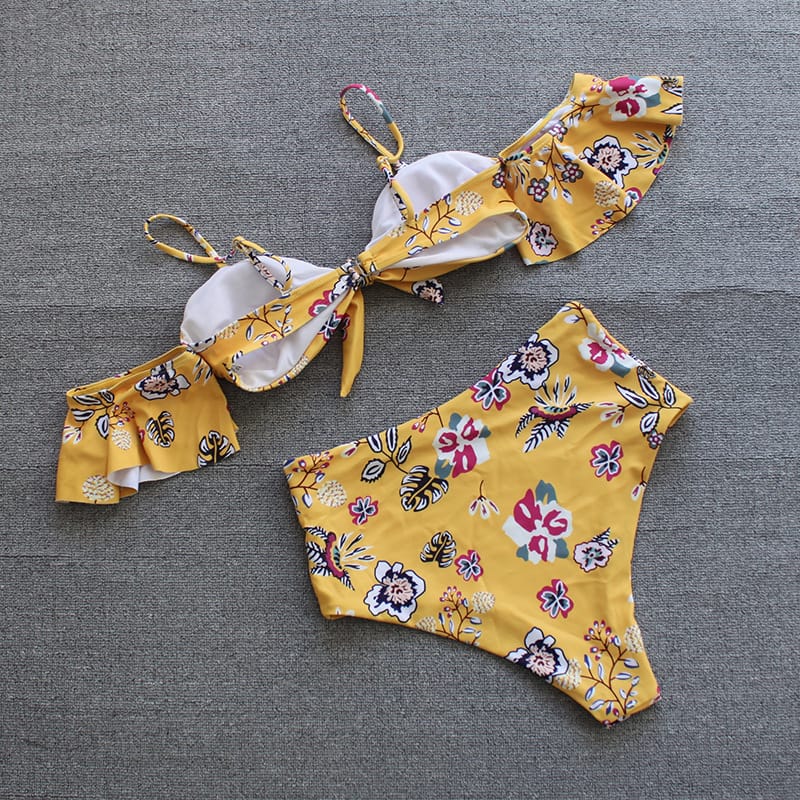 Bikini taille haute à épaules dénudées motif fleur