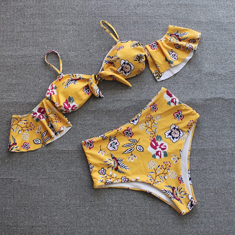 Bikini taille haute à épaules dénudées motif fleur