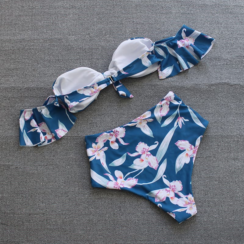 Bikini taille haute à épaules dénudées motif fleur