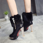 High-heeled plush and rhinestone boots