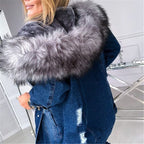 Manteau en jeans à capuche fourrure à manches longues - Chic&Shines