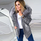 Manteau en jeans à capuche fourrure à manches longues - Chic&Shines