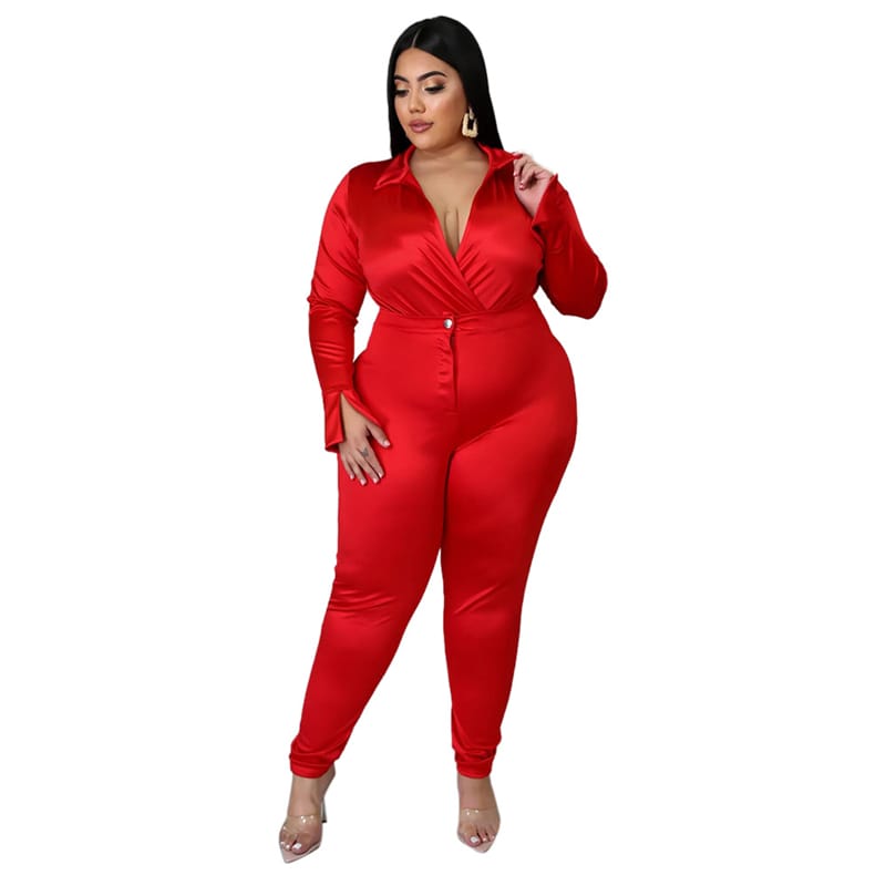 Ensemble Deux Pièces Col V Et Pantalon Couleur Unie - Chic&Shines