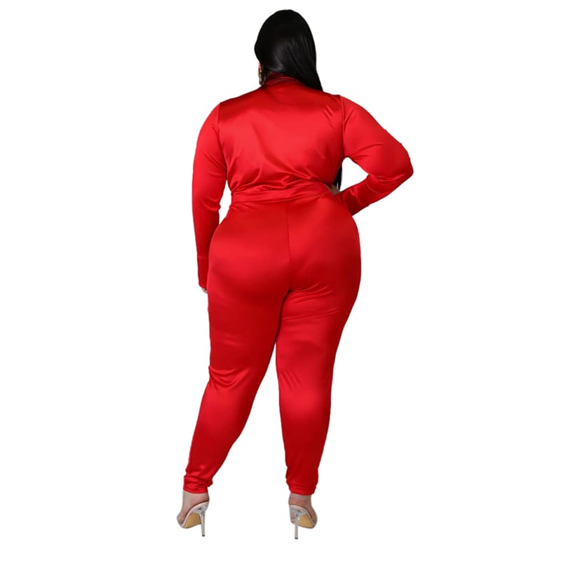 Ensemble Deux Pièces Col V Et Pantalon Couleur Unie
