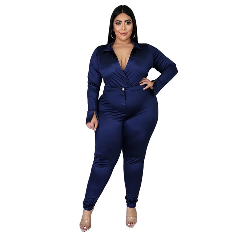 Ensemble Deux Pièces Col V Et Pantalon Couleur Unie - Chic&Shines