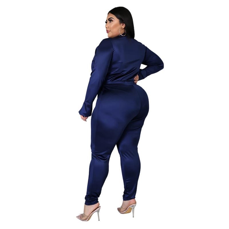 Ensemble Deux Pièces Col V Et Pantalon Couleur Unie