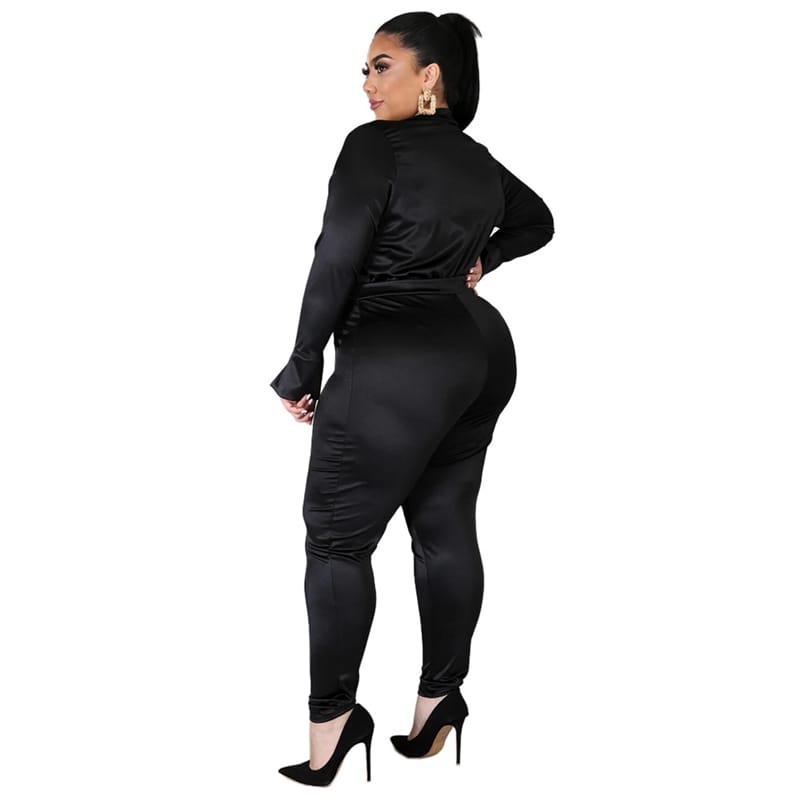 Ensemble Deux Pièces Col V Et Pantalon Couleur Unie