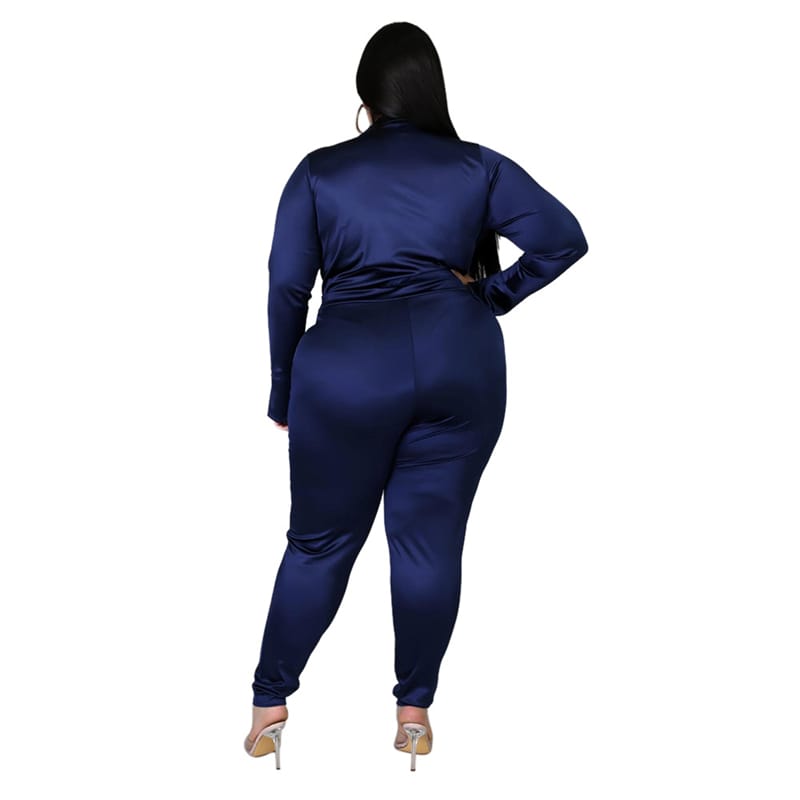 Ensemble Deux Pièces Col V Et Pantalon Couleur Unie