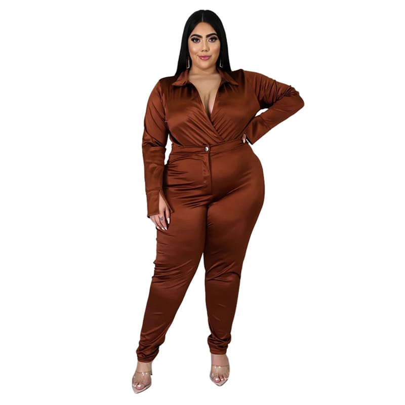 Ensemble Deux Pièces Col V Et Pantalon Couleur Unie - Chic&Shines