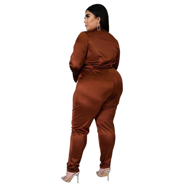 Ensemble Deux Pièces Col V Et Pantalon Couleur Unie