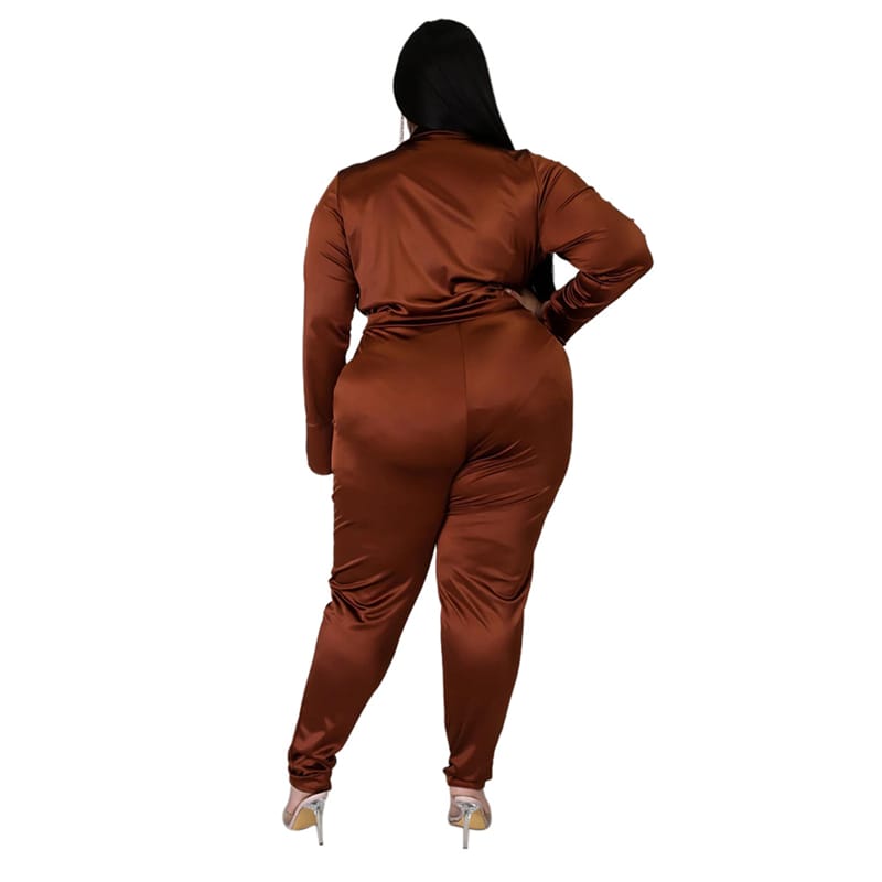 Ensemble Deux Pièces Col V Et Pantalon Couleur Unie