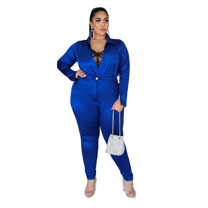 Ensemble Deux Pièces Col V Et Pantalon Couleur Unie - Chic&Shines