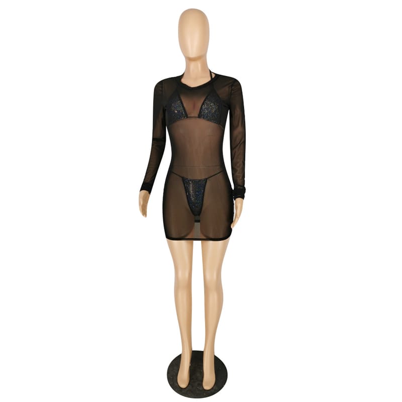 Ensemble trois pièces bikini en strass sexy et sa robe de plage transparente en maille