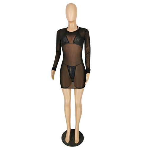 Ensemble trois pièces bikini en strass sexy et sa robe de plage transparente en maille