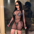 Ensemble trois pièces bikini en strass sexy et sa robe de plage transparente en maille - Chic&Shines
