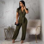 Combinaison pantalon manche court à bouton avec ceinture - Chic&Shines