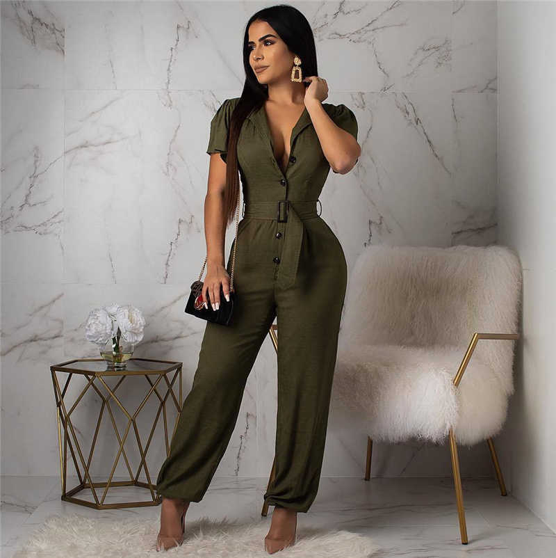 Combinaison pantalon manche court à bouton avec ceinture - Chic&Shines