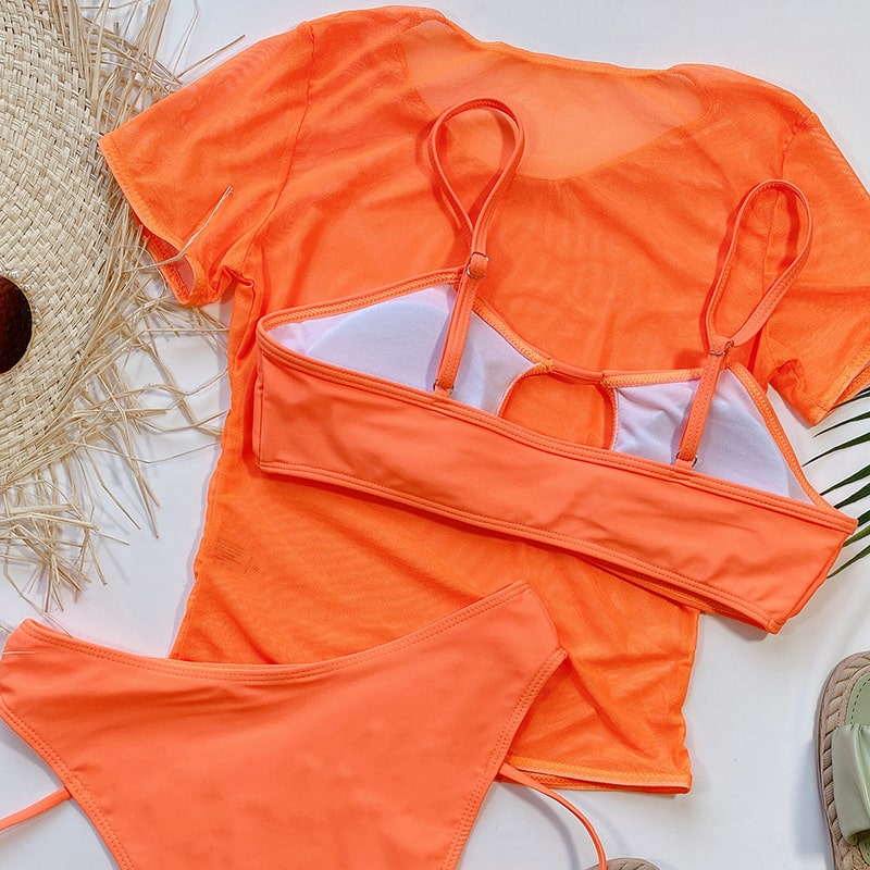 Sexy Three-Piece Swimsuit Short Sleeve Top Fluorescent Color