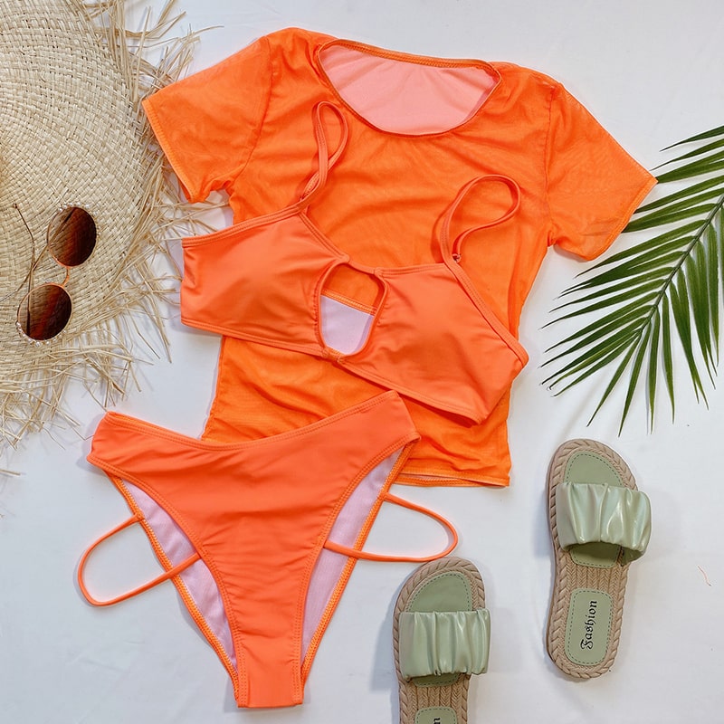 Sexy Three-Piece Swimsuit Short Sleeve Top Fluorescent Color