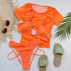 Sexy Three-Piece Swimsuit Short Sleeve Top Fluorescent Color