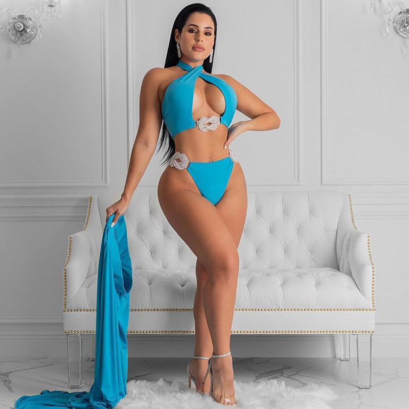 3-piece swimsuit with halter neck, backless top and long skirt with side slit