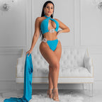 3-piece swimsuit with halter neck, backless top and long skirt with side slit