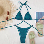 Bikini licou deux pièces sexy unicolore à anneaux
