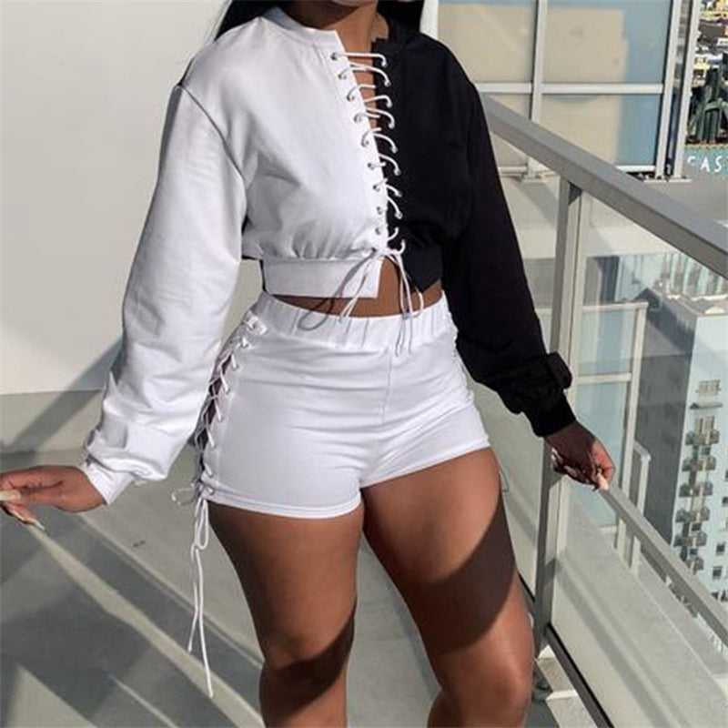 Lace-up long-sleeved top and shorts set