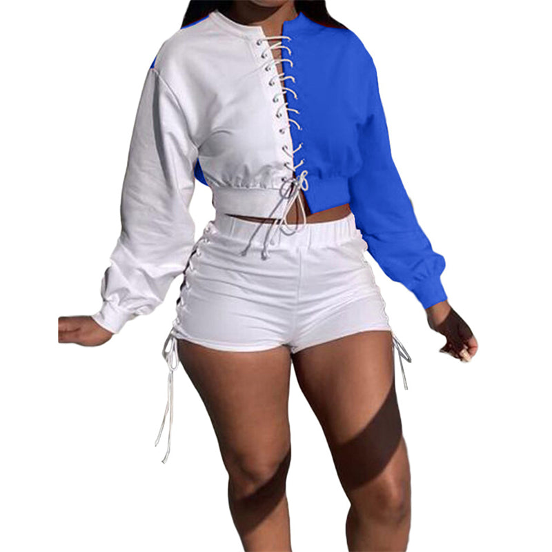 Lace-up long-sleeved top and shorts set