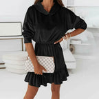 Short velvet hooded dress with long sleeves