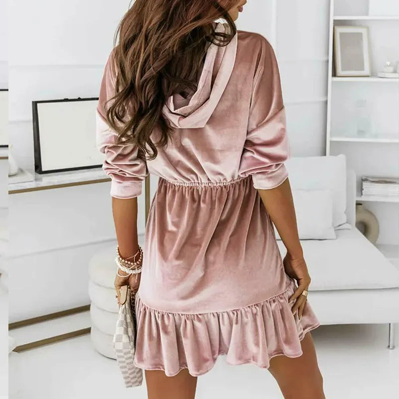 Short velvet hooded dress with long sleeves