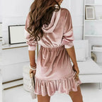 Short velvet hooded dress with long sleeves