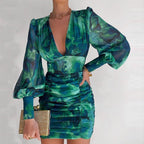 Robe courte à manches longues col V taille haute mousseline femme élégante - Chic&Shines