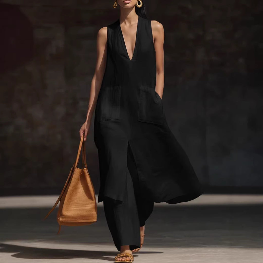 Robe lin col V sans manches — Élégance minimaliste