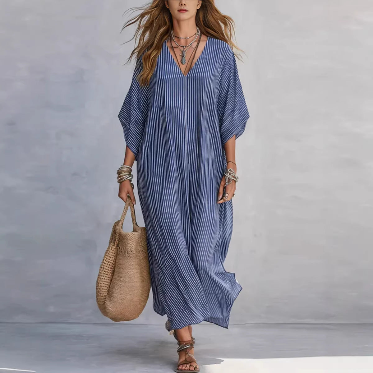 Robe longue rayée col V - Coupe ample et confortable