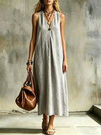 Robe lin-coton col V, ceinture, sans manches