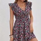 Robe courte à fleurs et volants, taille haute
