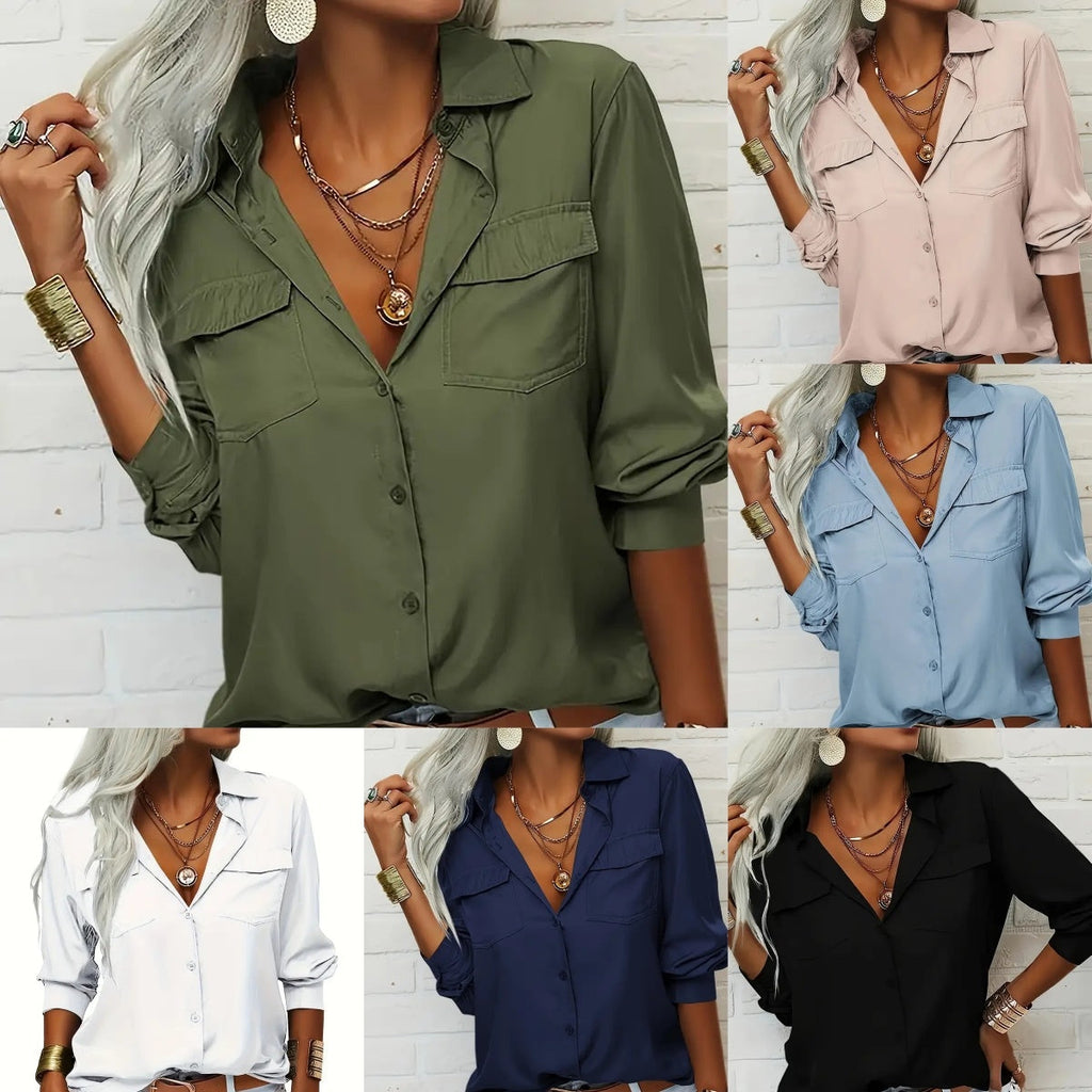 Long-sleeved V-neck chiffon blouse