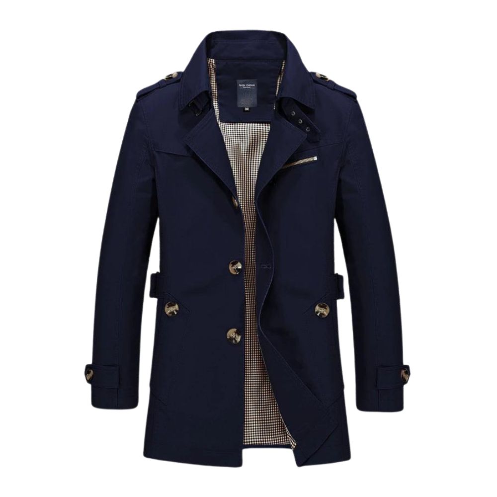 Manteau trench-coat bleu marine pour homme, élégant et moderne, avec boutons contrastés et doublure à carreaux. Mode masculine automne-hiver.