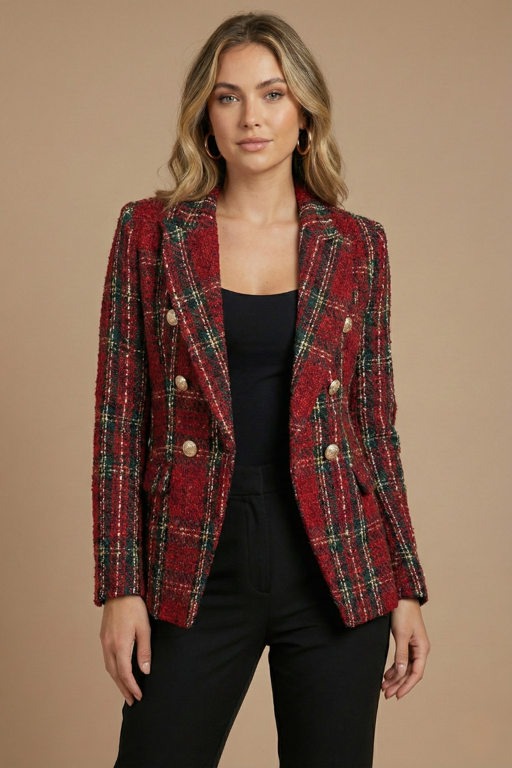 Veste blazer croisée à carreaux pour femme